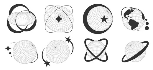 Abstract Cosmic Orbit and Planet Symbols Collection, Geometric Space Emblems, Saturn Rings, Globe and Celestial Line Art Vector Set © MDMONTAJUL