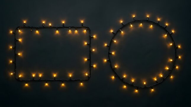 Two beautifully crafted square frames made of vibrant glowing christmas lights set against a rich dark teal backdrop ideal for holiday themed designs