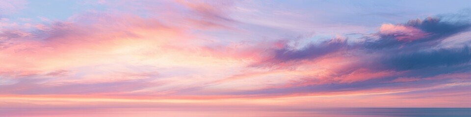 Fototapeta premium sunset sky with colorful pink purple orange clouds over calm ocean water horizon sky background wide panorama sunset banner view for nature environment weather landscape background design concept
