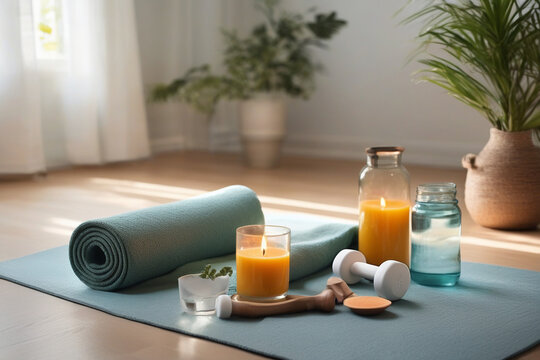 yoga mat with candles and orange juice