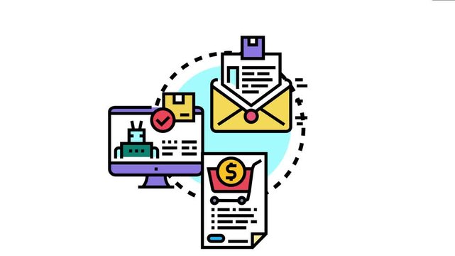 System visualizing order status details on a computer screen, generating a delivery notification email, and creating a summarized purchase receipt document for customers