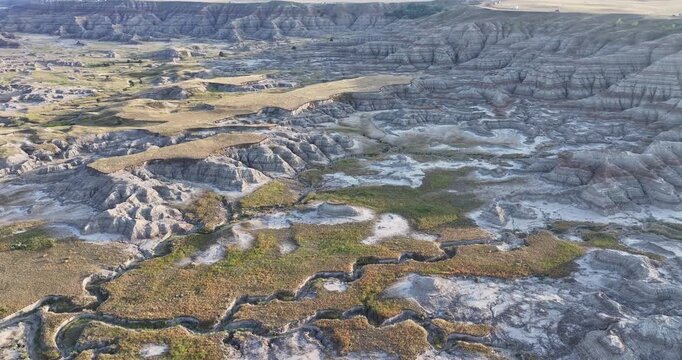 Aerial Panorama of Layered Rock Formations in Badlands National Park, South Dakota