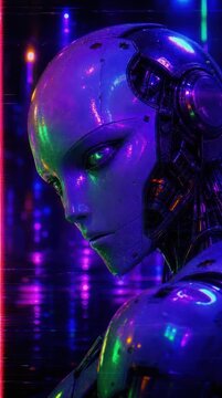 Futuristic purple-toned robot in neon lights, perfect for mobile wallpaper.