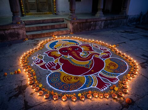 Lord Ganesha Rangoli Design with Diyas: Beautiful Vibrant Powder Rangoli Ideas, Traditional Festival Floor Art & Festive Diya Lighting Suggestions for Subha Deepavali Decor