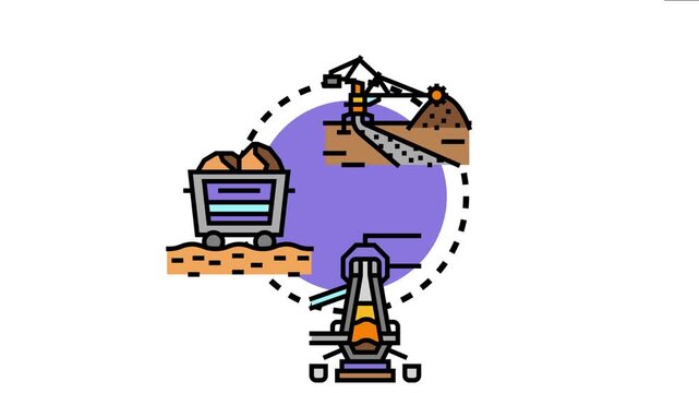 Ore to metal refining industry process concept transforming raw mineral materials into usable metal, depicting mining, processing, and smelting stages of metallurgy production