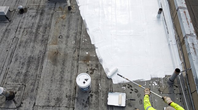 Worker applying white reflective cool roof coating with paint roller on flat commercial rooftop, aerial view