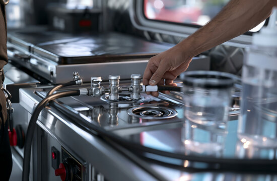Food truck operator checking propane hose connection on prep counter with Culinary Detail