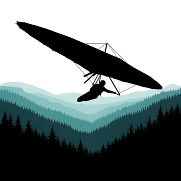Hang glider silhouette soaring above a misty mountain forest