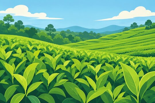 Lush Green Tea Plantation Landscape with Rolling Hills and Blue Sky, Colorful Flat Vector Illustration