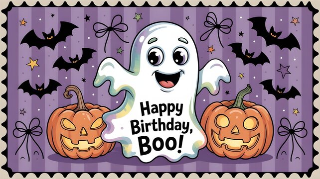 Cute cartoon ghost with pumpkins and bats, halloween themed birthday greeting card illustration with festive purple striped background and decorative bows