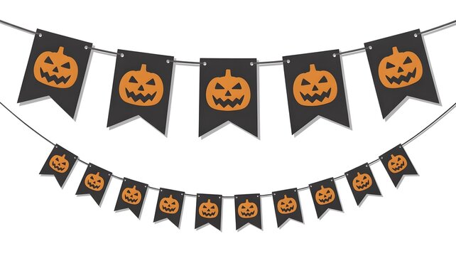Halloween bunting banner with orange jackolantern pumpkins on black flags isolated on white background