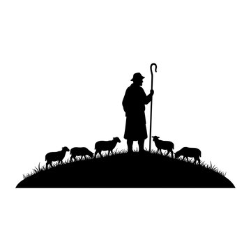 Shepherd standing with sheep flock silhouette on white background