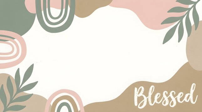 Boho style background with abstract shapes, rainbows, and leaves in earthy tones with the word blessed written in white script font