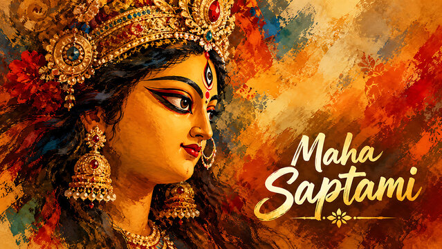 Beautiful vibrant abstract painting of goddess face featuring striking eyes over colorful textured background during durga puja hindu celebration event maha saptami