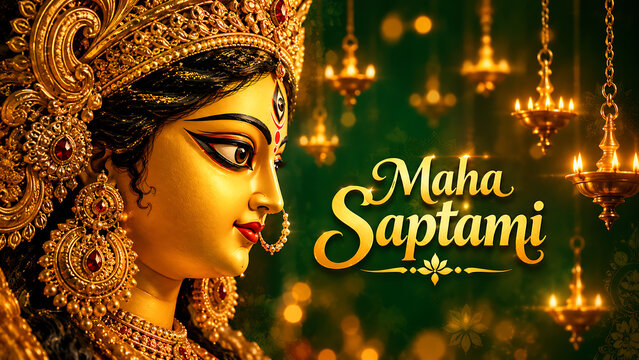 Golden glowing face of lovely goddess adorned with jewelry and lit hanging lamps against dark background for durga puja on maha saptami