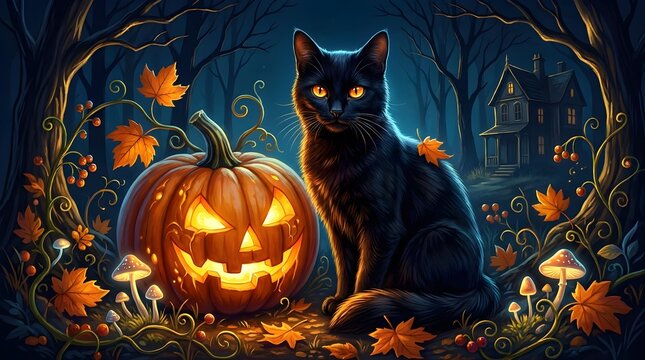 A majestic black cat sitting next to a glowing jackolantern in a spooky autumn forest at night with a haunted house in the background