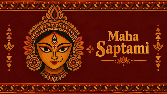Folk art illustration showcasing beautiful tribal goddess face against dark red background with intricate borders designed for durga puja on maha saptami