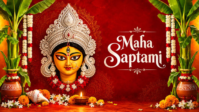 Beautiful goddess wearing silver crown placed between banana trees glowing lamps and holy conch shell capturing the durga puja on maha saptami