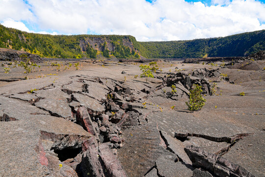 Fissure and collapsed solidified lava on the floor of Kilauea Iki Crater in Hawaii Volcanoes National Park on the Big Island