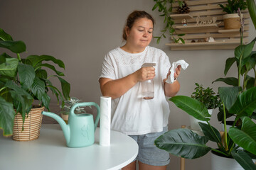 A woman in a white t-shirt cares for indoor houseplants using a spray bottle and cloth. This scene represents domestic hobbies, urban gardening, and home wellness in a modern interior setting. © JULIA