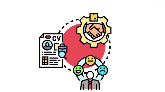 Business concept depicting various stages including job application review, employee recruitment, new hire integration, and performance feedback within an organizational software system