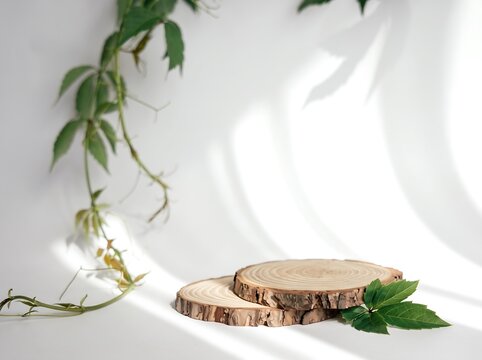 Rustic wood round planks for product display with hanging green vines on bright white wall.