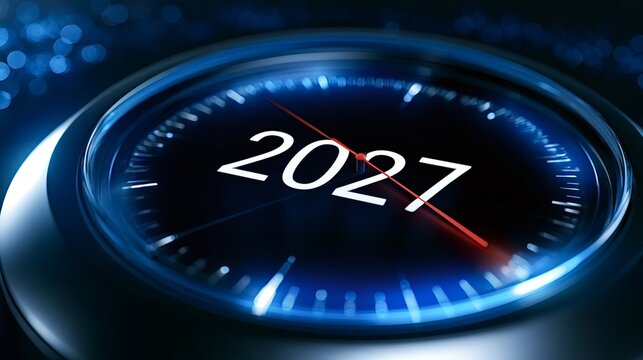 Futuristic clock dial displaying the year 2027 and a red second hand moving, illustrating concepts of future planning, time management, deadlines, and upcoming events in a vibrant blue light setting