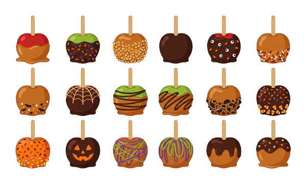 Flat Halloween gourmet candy caramel apples collection with chocolate drizzle sprinkles nuts and decorations,