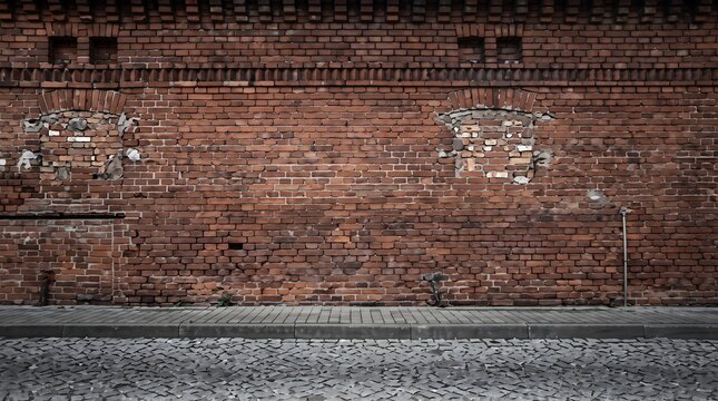 Old weathered red brick wall with sealed windows and a cobblestone street, grunge urban texture background.