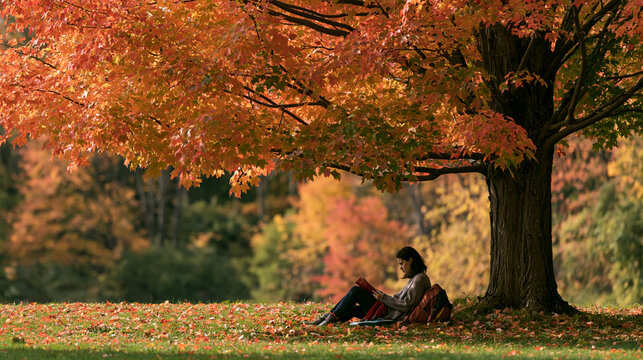 a serene autumn scene. A woman sits under a large tree with vibrant red and orange leaves, engrossed in reading a book. She wears a lightcolored sweater and dark pants, and has a backpack beside her.