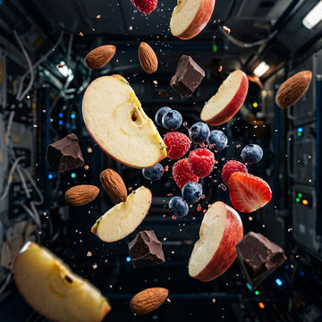 Floating fruit and nuts with chocolate in a space environment  