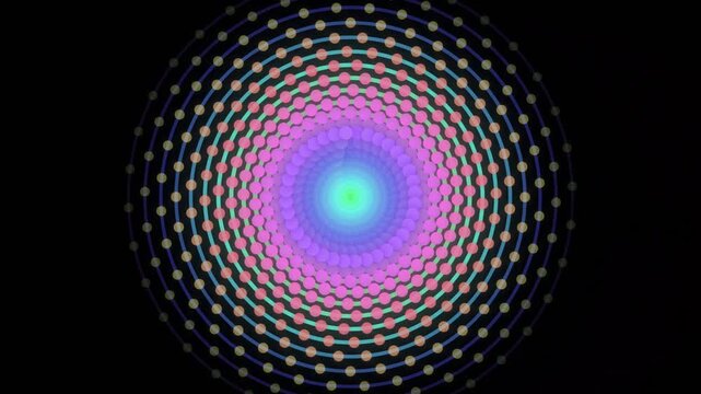 Mesmerizing geometric spiral mandala pattern with vibrant colorful concentric circles in dark background space