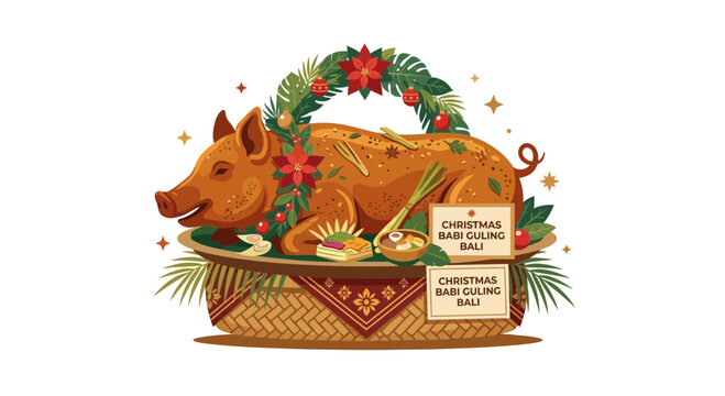 Balinese roasted suckling pig babi guling for Christmas feast served on traditional woven basket