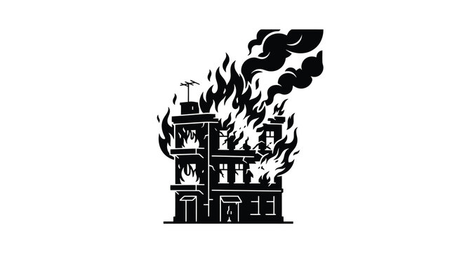 Burning building silhouette against a white background depicts a structural fire