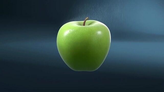 60 FPS Green apple materializing from glowing wireframe hologram with misty studio lighting