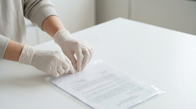 Gloved hand sealing document pouch for secure paperwork handling