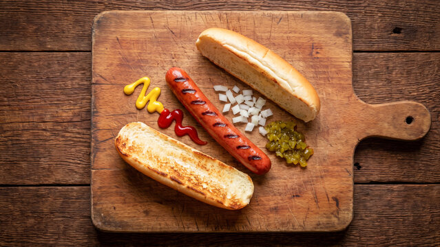 top down view of deconstructed hot dog ingredients on a rustic wooden cutting board