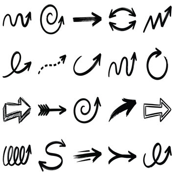 Hand drawn black vector arrows set with various sketchy doodle pointer shapes and directions