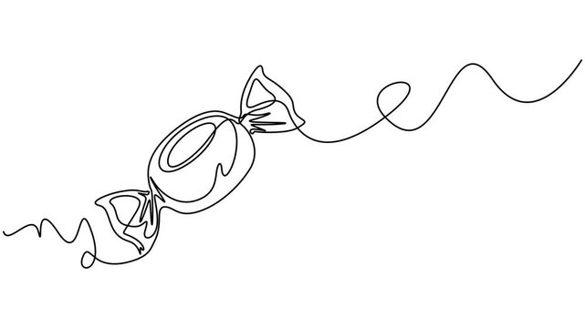 Continuous one line drawing of sweet candy animation. Single line art candy icon, Self animated minimalist, single continuous black thin line art vector illustration of a candy, Wrapped Candy.