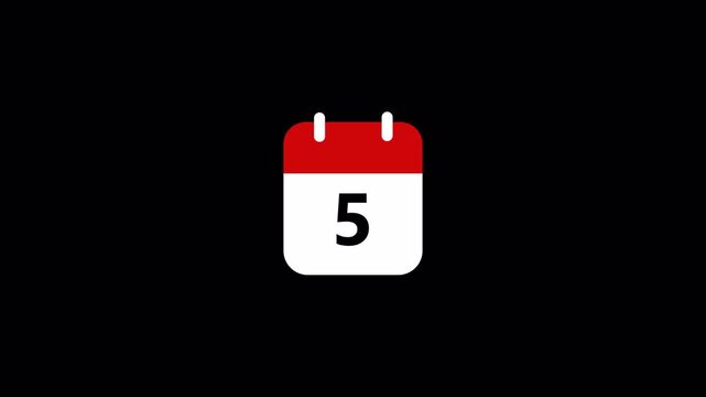 Simple calendar icon animation with date 5 day five .Calendar Page animation with Number five, Date Concept on transparent background ,Calendar day 5 animation in 4K , Reminder symbol