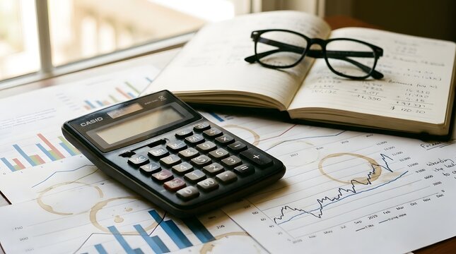 A casio calculator placed on top of financial documents and charts with a notebook and eyeglasses, representing accounting and financial planning