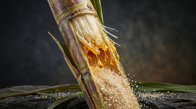 Close up of sliced fresh sugarcane stalk dripping sweet golden syrup that transforms into granulated brown sugar crystals on dark textured slate background.