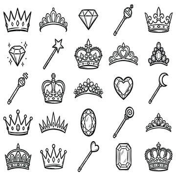 Hand drawn vector graphic collection featuring royal crowns, sparkling diamonds, and magical wands