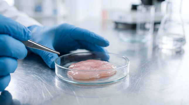 Researcher examining lab grown meat sample in petri dish at laboratory