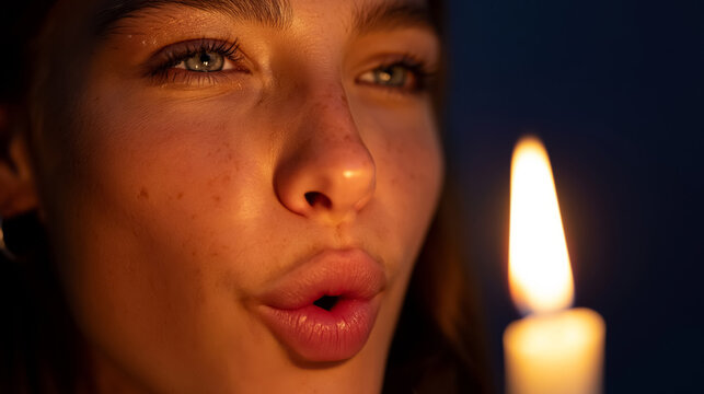 Young caucasian female blowing candle in dark room