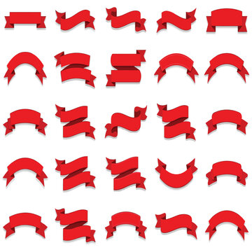 Vibrant red ribbon banners collection featuring various curled and folded vector graphic design elements