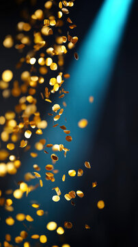 Golden petals falling in blue light spotlight