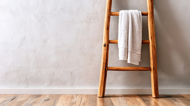 Wooden ladder with white towel against textured wall in minimalist interior design