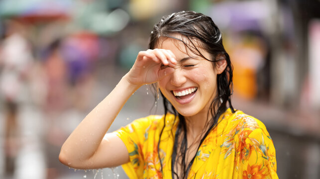 Joyful young asian female enjoying rain in vibrant yellow floral dress
