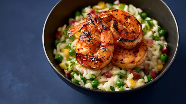 Grilled shrimp on creamy risotto with peas and bell peppers